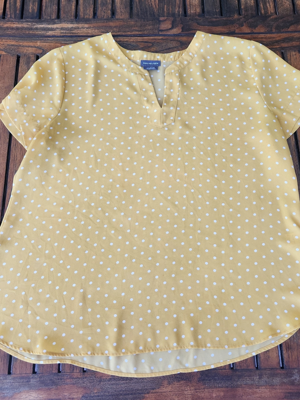Women's Van Heusen Mustard Yellow White Polka Dot Short Sleeve Top Size XL Airy